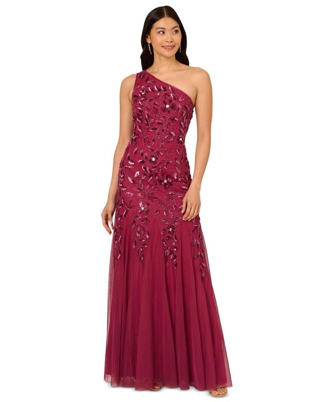 Adrianna Papell Womens One-Shoulder Beaded Evening Gown Product Image