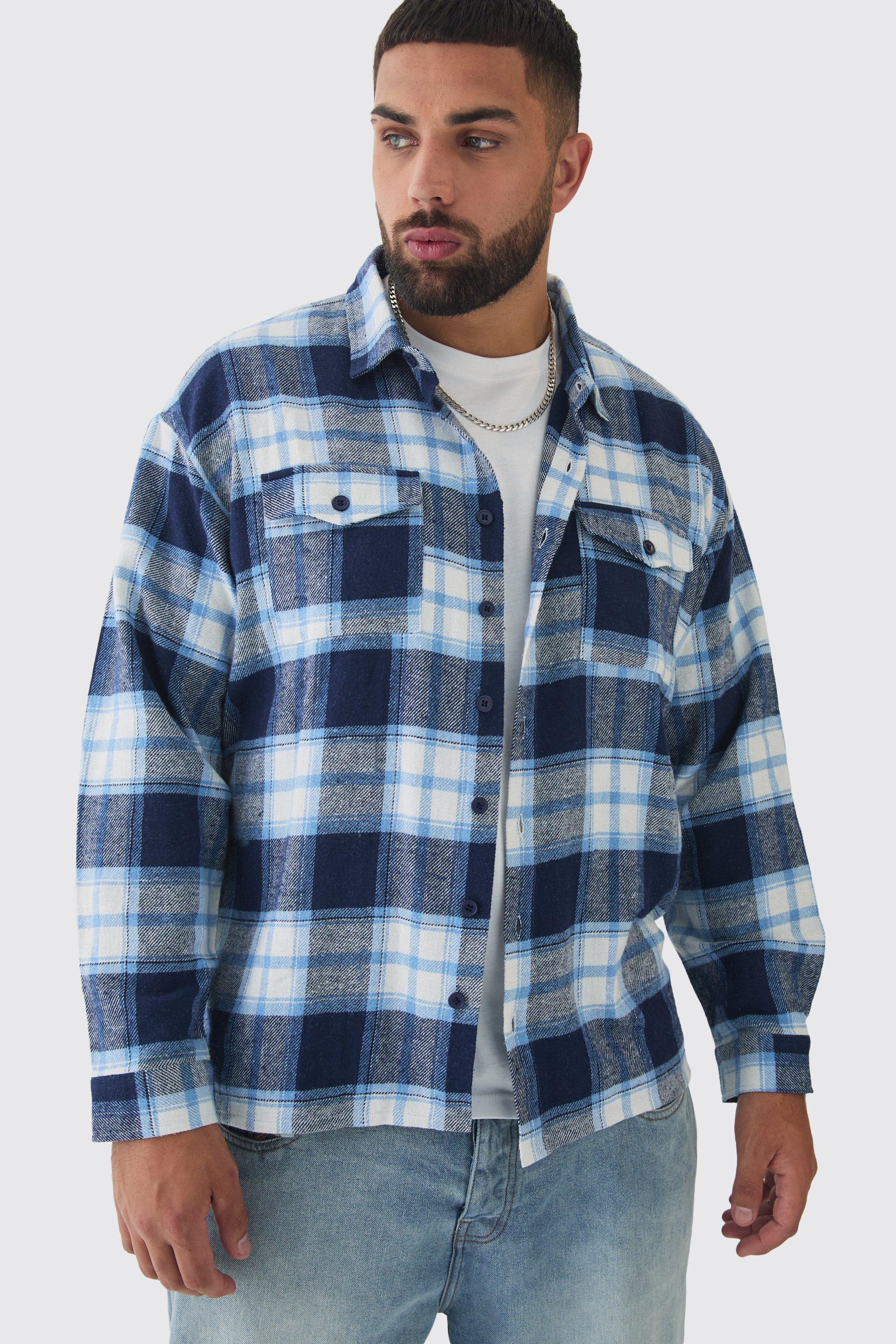 Plus Regular Fit Blue Large Scale Brushed Plaid Shirt | boohooMAN USA Product Image