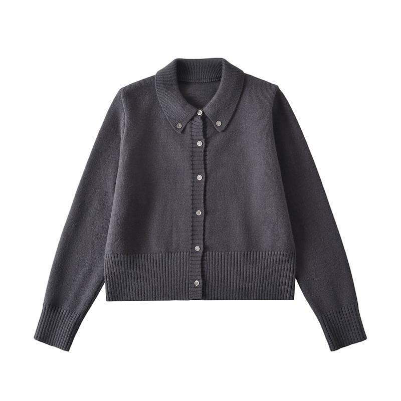 Collared Plain Button Up Crop Cardigan Product Image