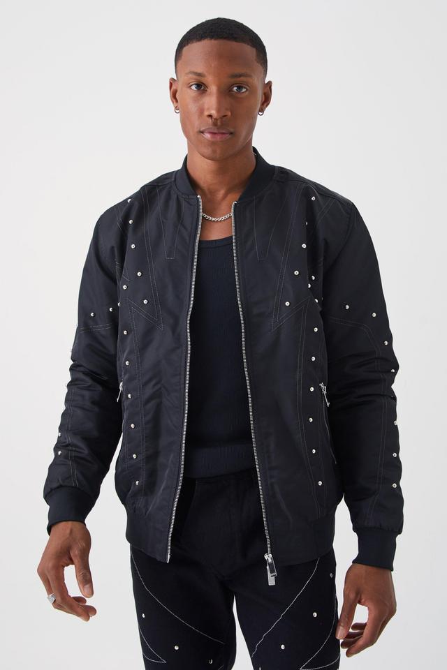 Nylon Studded Bomber With Contrast Stitch | boohooMAN USA Product Image