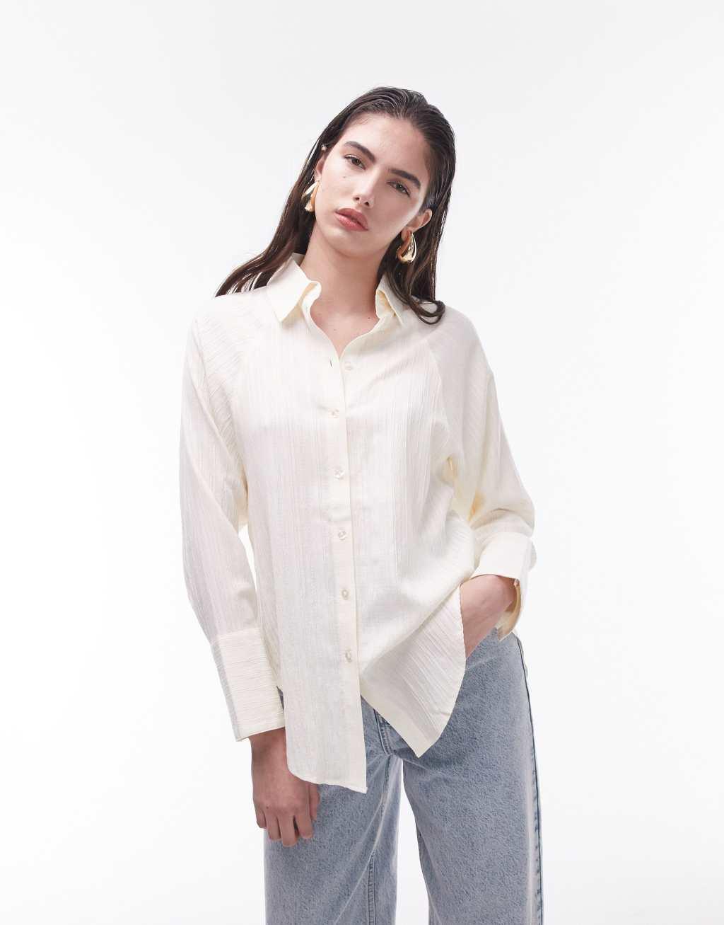 Topshop textured panel shirt in ivory Product Image