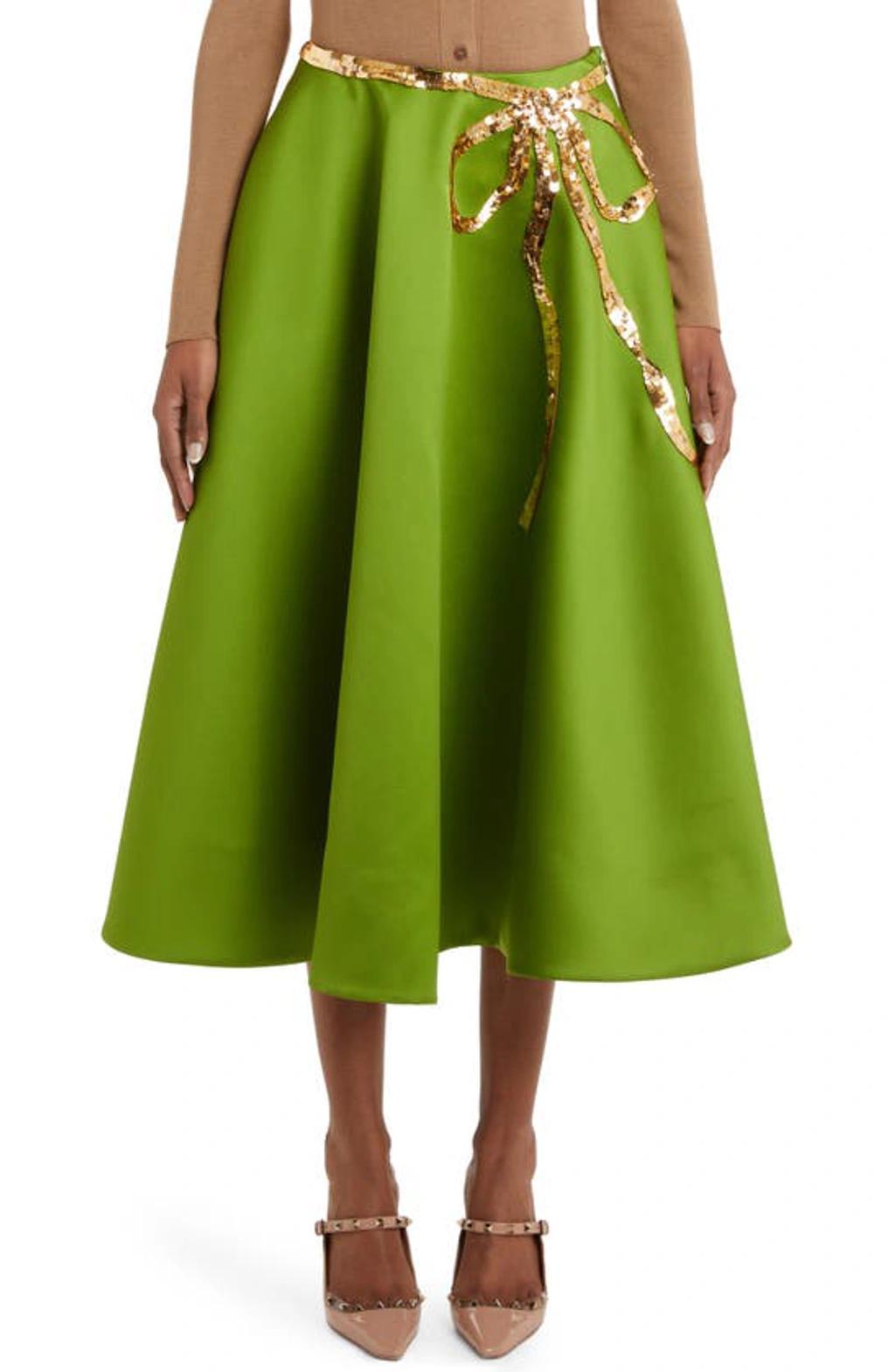 Sequin Embroidered Satin A-line Skirt In Celery Green,gold Product Image