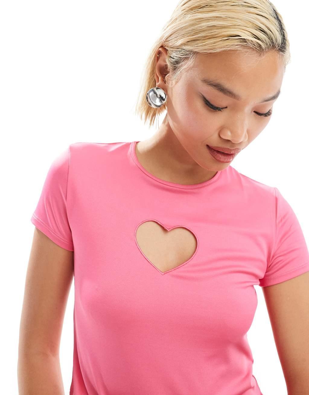 Monki short sleeve cut out heart mini top in pink Product Image