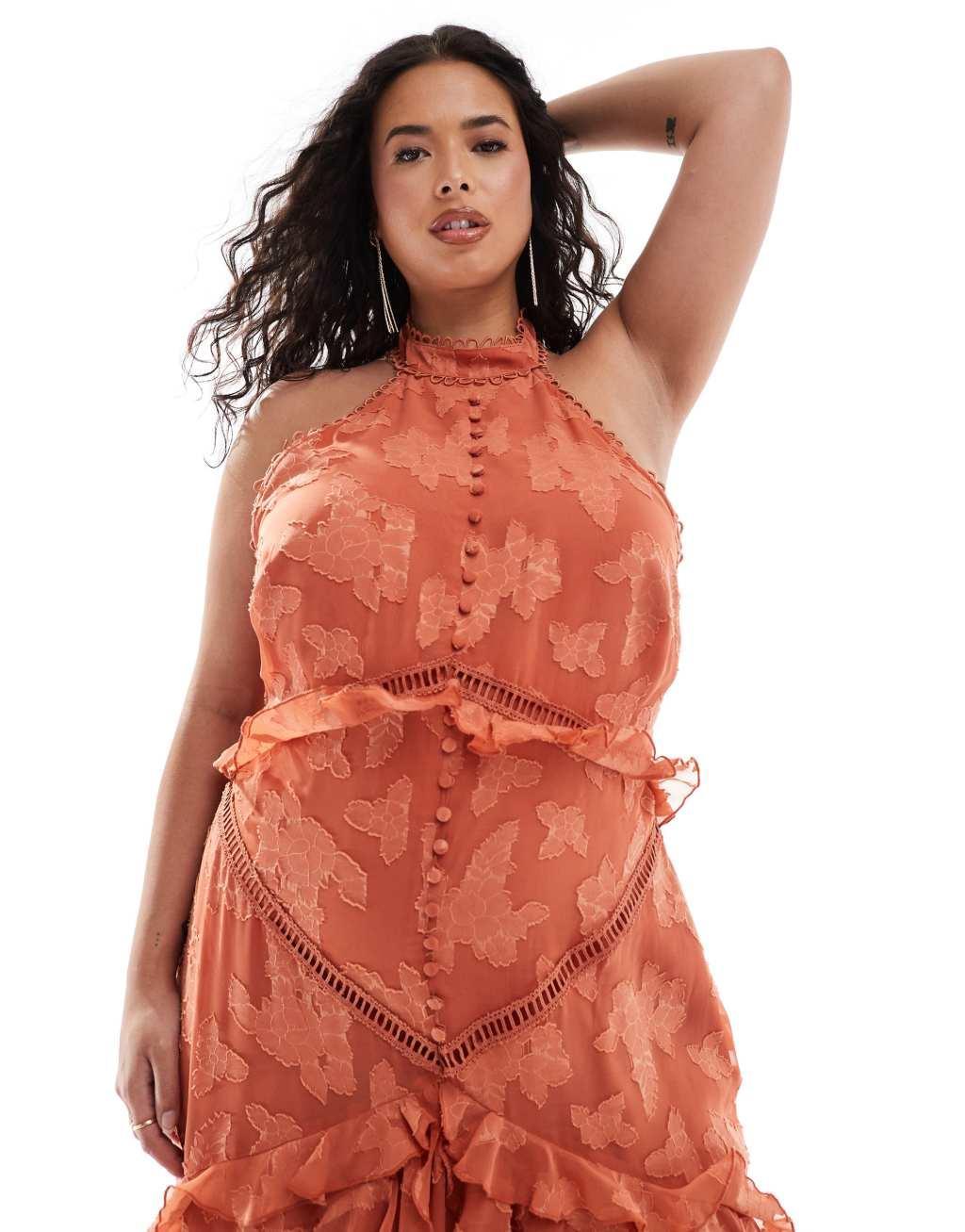 ASOS DESIGN Curve lace insert jacquard halter tiered maxi dress with circle trim in rust Product Image