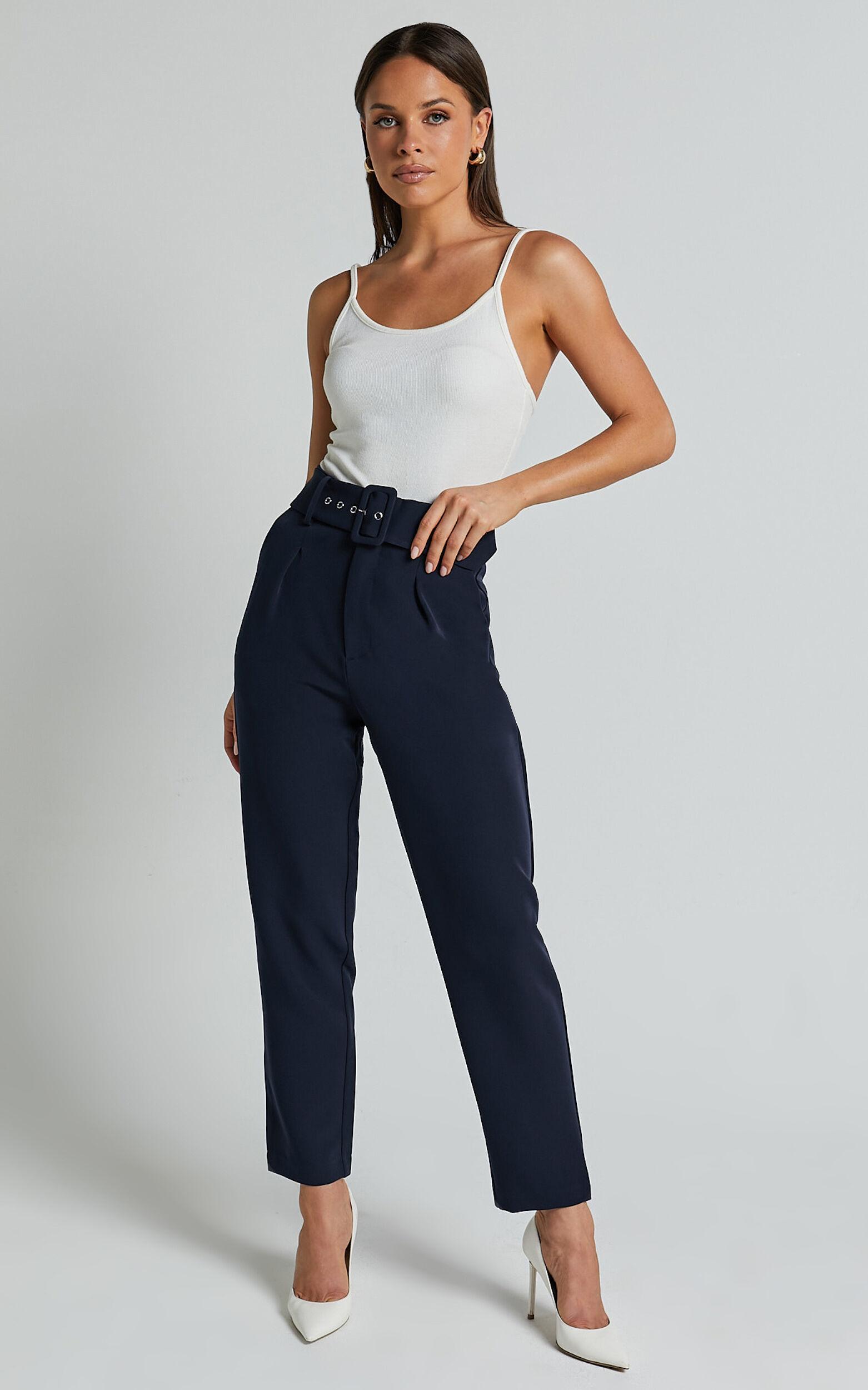 Milica Trousers - Belted High Waisted Trousers in Navy Product Image