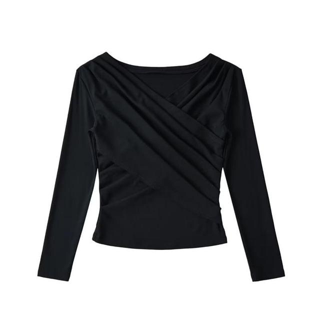 Long Sleeve V-Neck Crisscross Ruched Tee Product Image