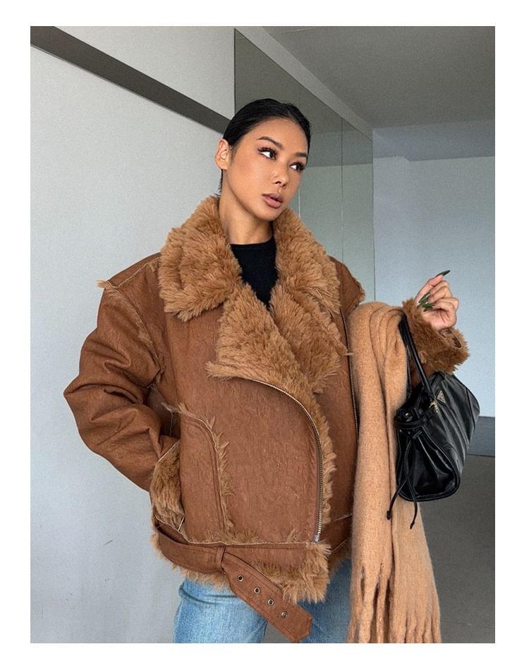 Collared Faux Shearling Zip Jacket Product Image