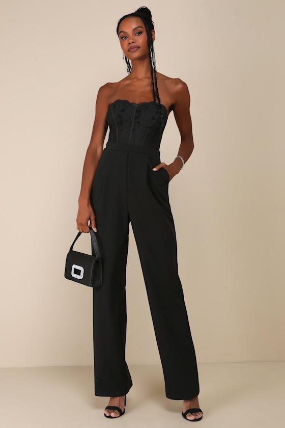 Positively Impressive Black Lace Strapless Bustier Jumpsuit Product Image