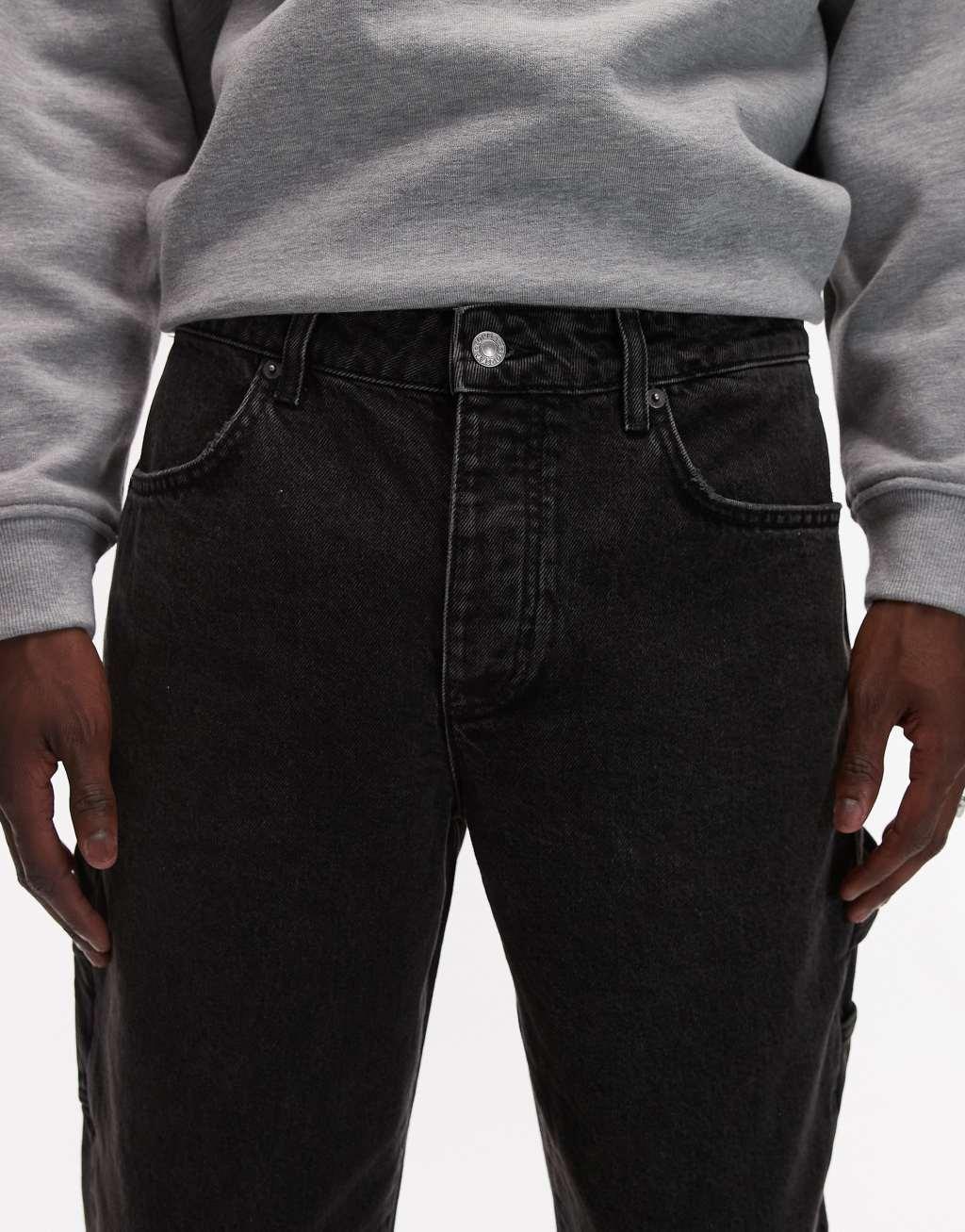 Topman straight carpenter jeans in washed black Product Image