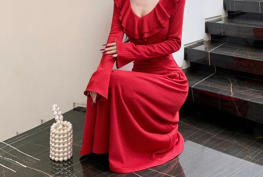 Long Sleeve V-Neck Plain Ruffle Trim A-Line Maxi Dress Product Image