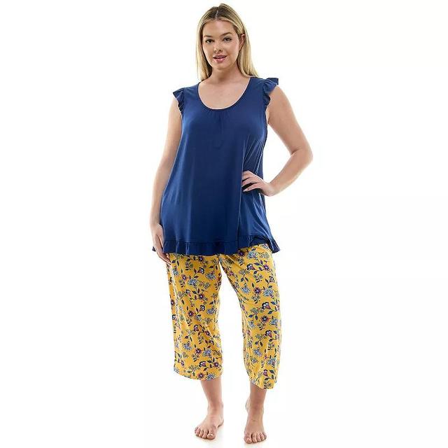 Plus Size Croft & Barrow Ruffled Pajama Tank Top & Pajama Capri Pants Set, Womens Blue Product Image