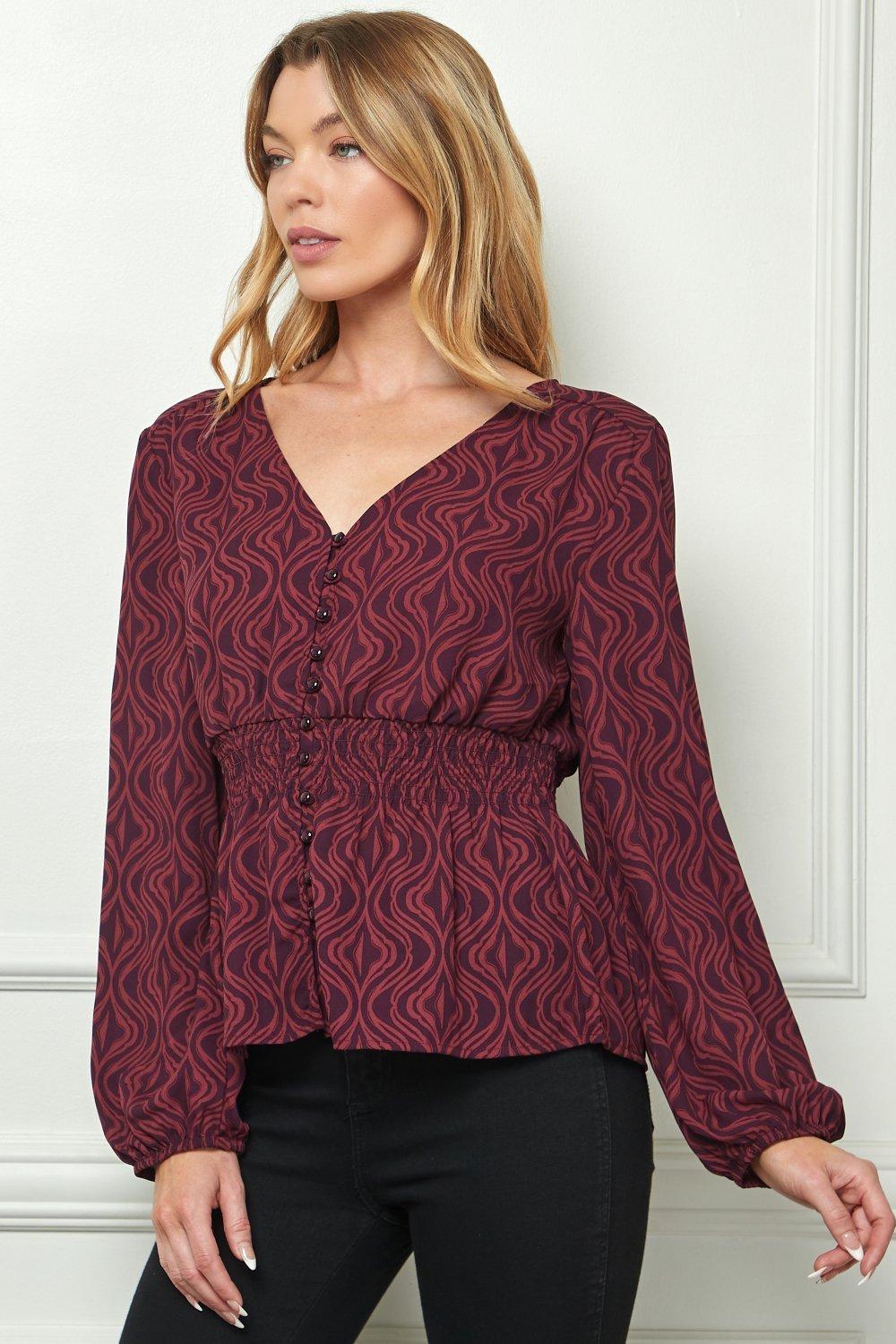 Burgundy Long Sleeve Smock Waist Blouse Product Image