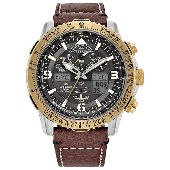 Citizen Eco-Drive Mens Chronograph Promaster Skyhawk Brown Leather Strap Watch 45mm Product Image