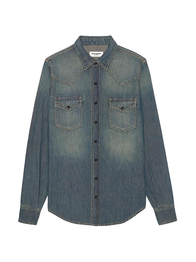 Saint Laurent - Push-studded Faded-denim Shirt - Mens - Blue Product Image