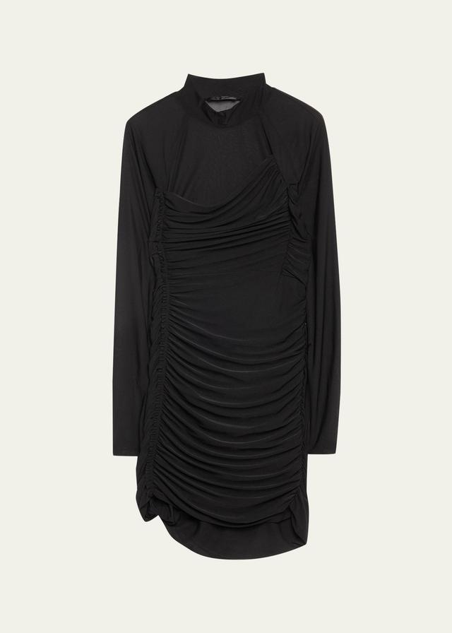 Womens Crepe Ruched Sheer-Accent Turtleneck Minidress Product Image