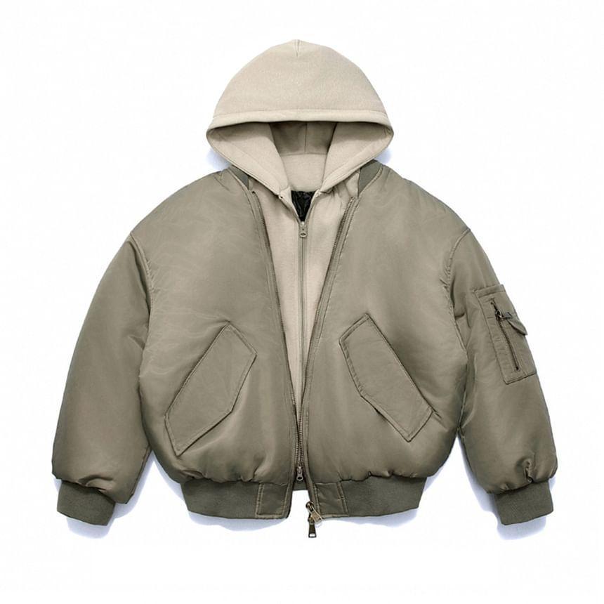 Mock Two-Piece Hooded Zip-Up Bomber Jacket Product Image