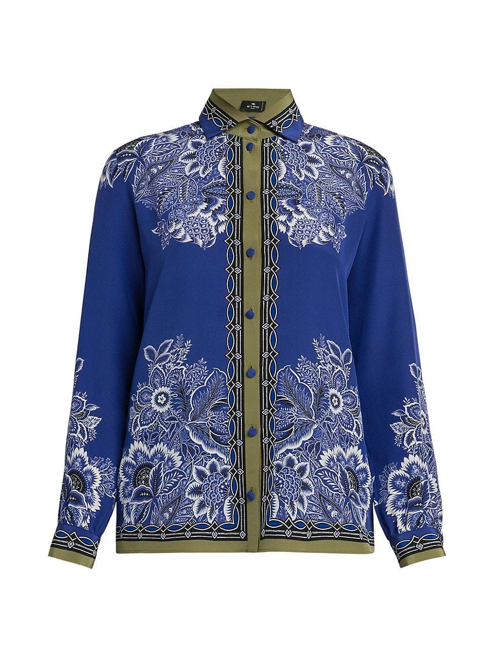 Bandana Border-Print Long-Sleeve Silk Blouse Product Image