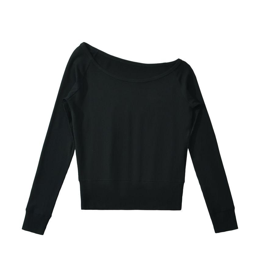 One-Shoulder Long-Sleeve Plain Tee Product Image