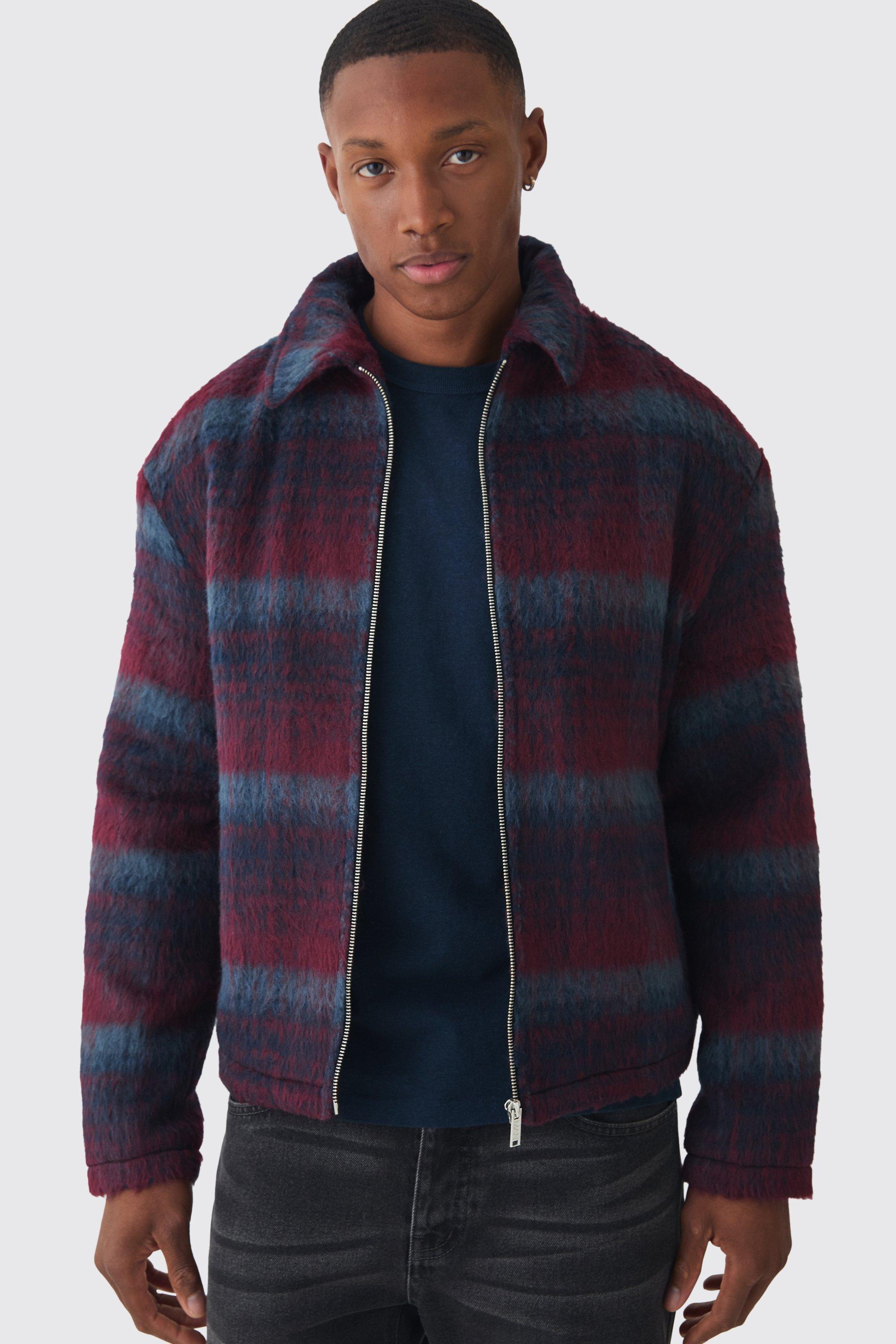 Boxy Brushed Plaid Harrington In Red | boohooMAN USA Product Image