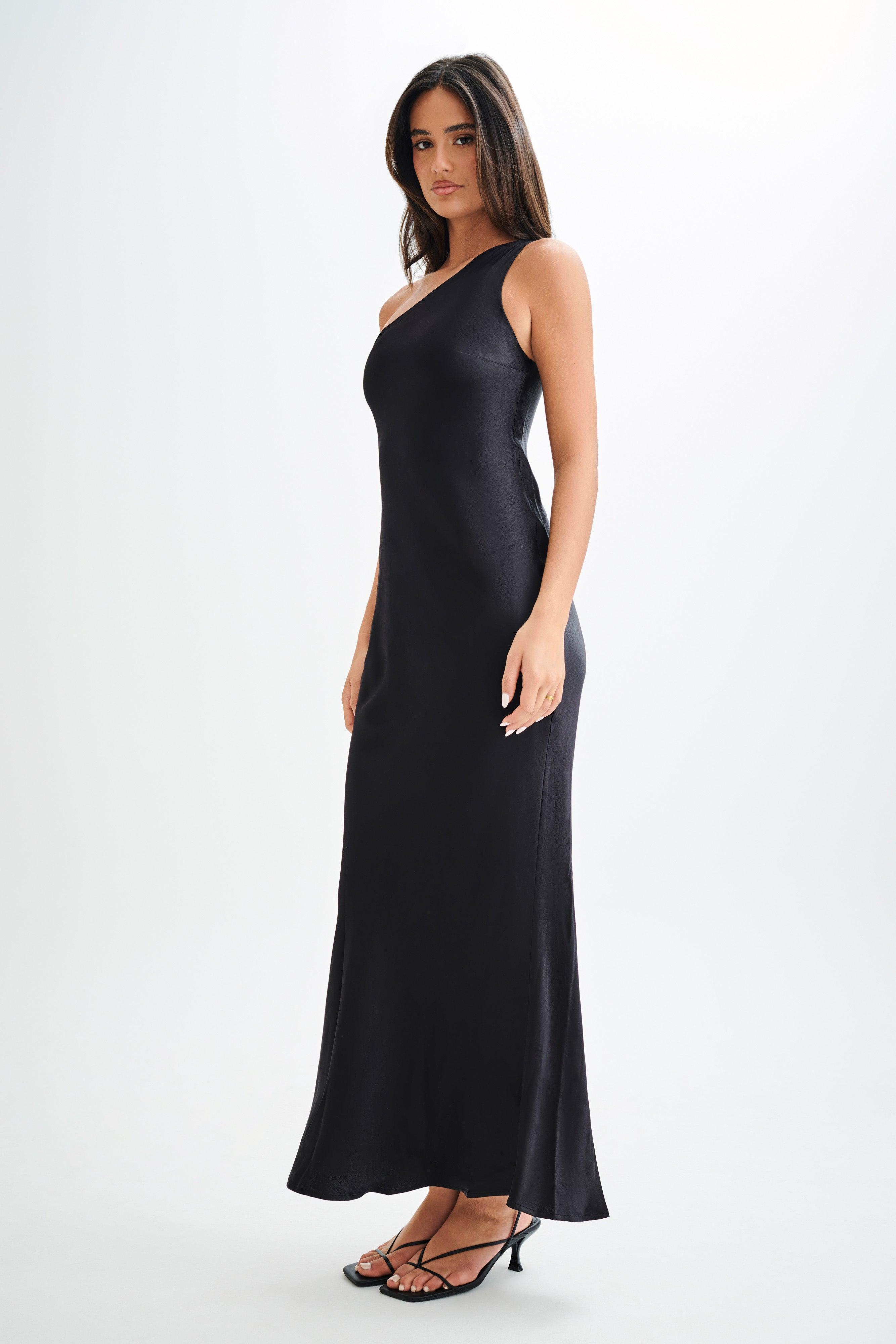 Camille One Shoulder Satin Maxi Dress - Black Product Image