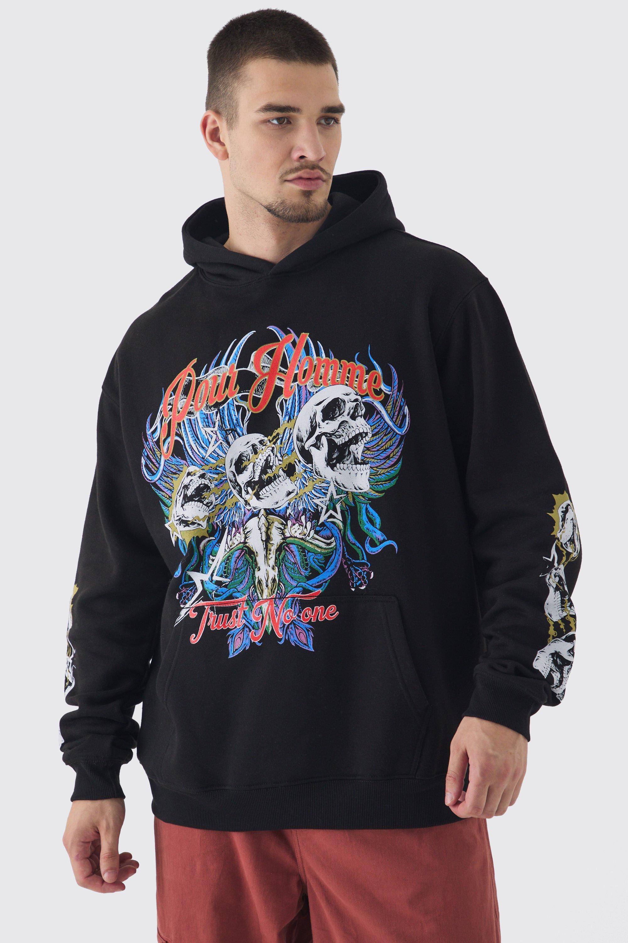 Tall Pour Homme Skull Print Oversized Hoodie in Black | boohooMAN USA Product Image