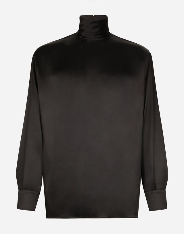 Loose Silk Turtleneck With Shirt Cuffs In Black   Product Image