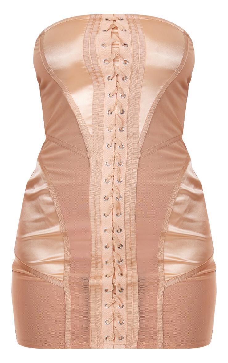 Nude Mesh Panel Lace Up Bandeau Bodycon Dress Product Image