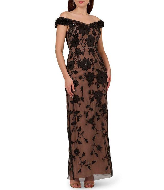 Adrianna Papell Off-The-Shoulder Rosette Beaded Column Gown Product Image