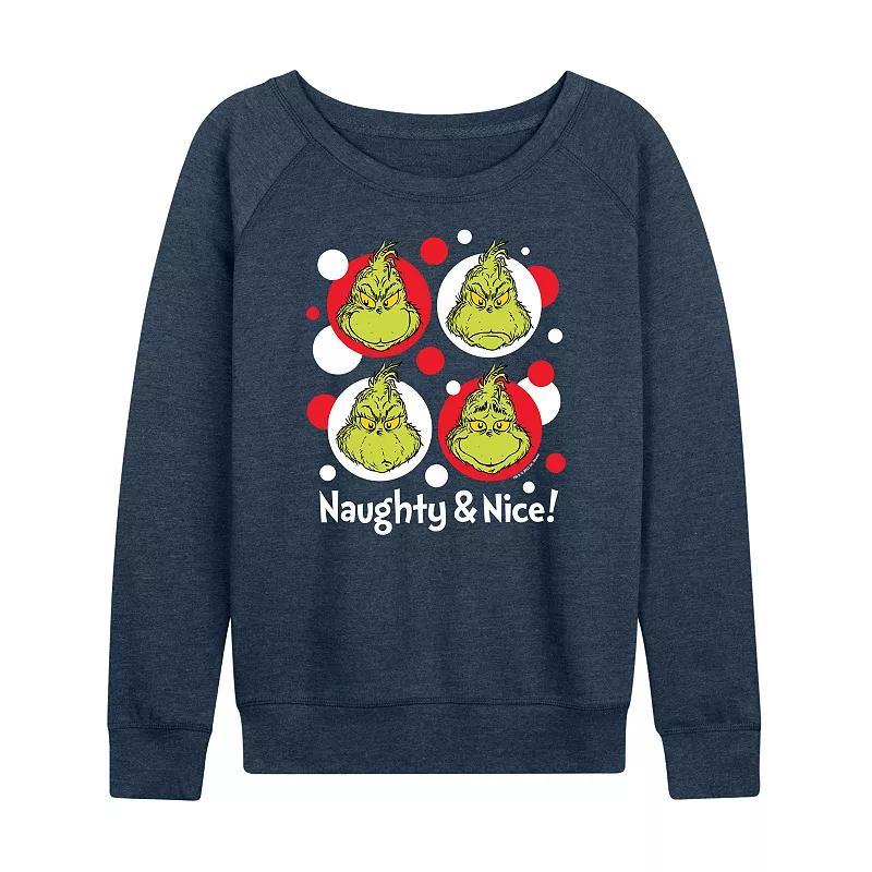 Womens Dr. Seuss Grinch Naughty & Nice Lightweight French Terry Sweatshirt Grey Indigo Product Image