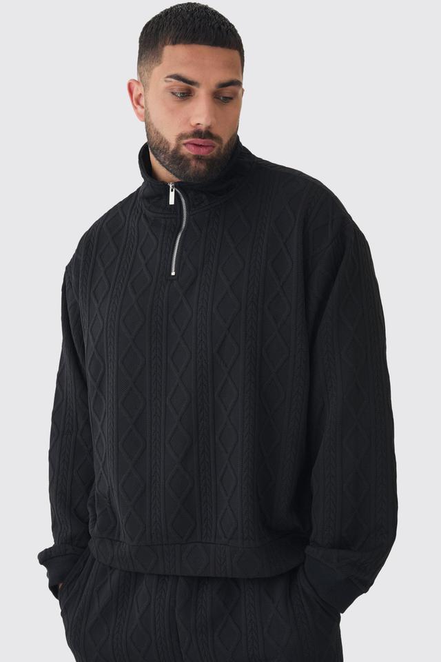 Plus Cable Knit Look Oversized Boxy 1/4 Zip Funnel Neck Sweat | boohooMAN USA Product Image