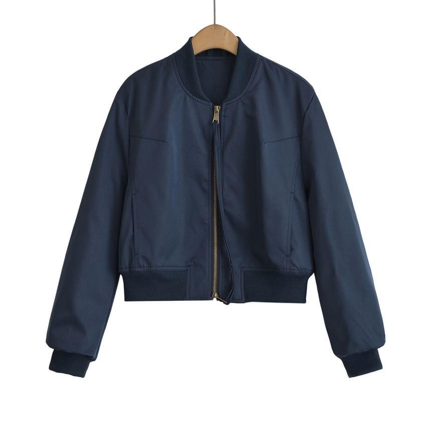 Plain Zip-Up Crop Bomber Jacket Product Image