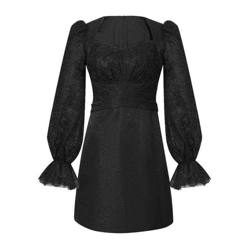 Long-Sleeve Plain Lace Panel Mini Sheath Dress Product Image