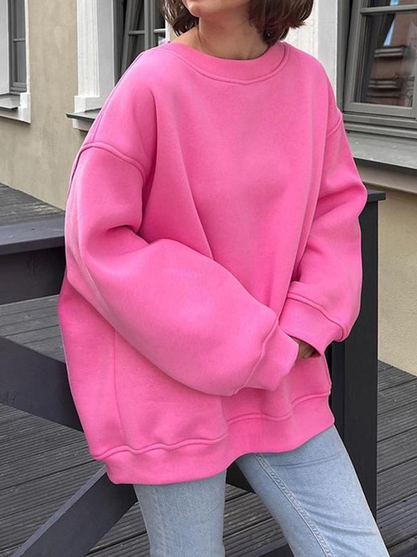 Long Sleeves Loose Solid Color Round-Neck Sweatshirt Tops Product Image