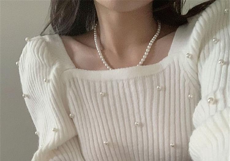 Long Sleeve Square Neck Faux Pearl Detail Sweater Product Image