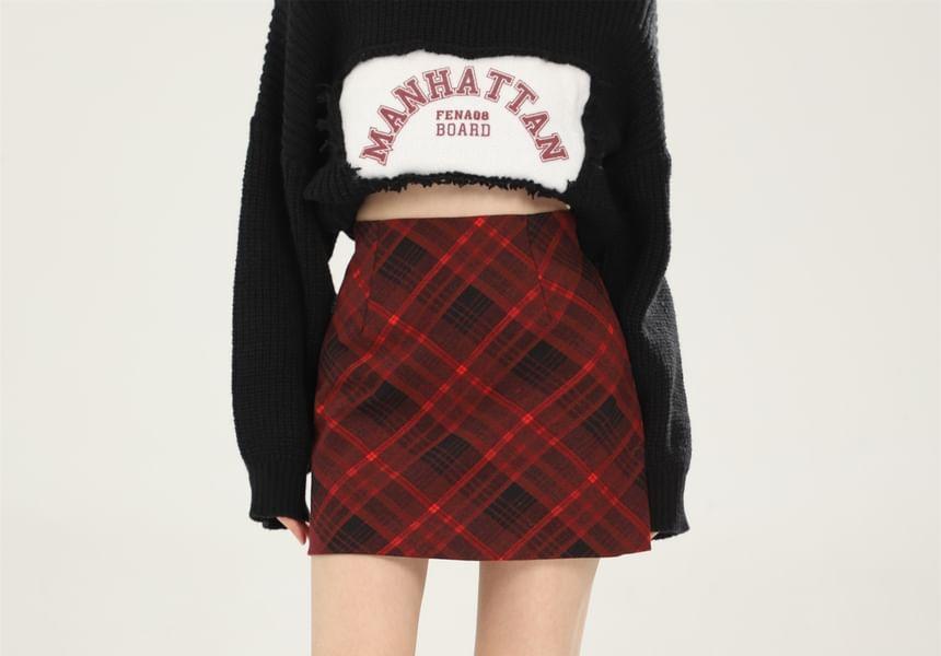 High Waist Plaid Mini Pencil Skirt Product Image