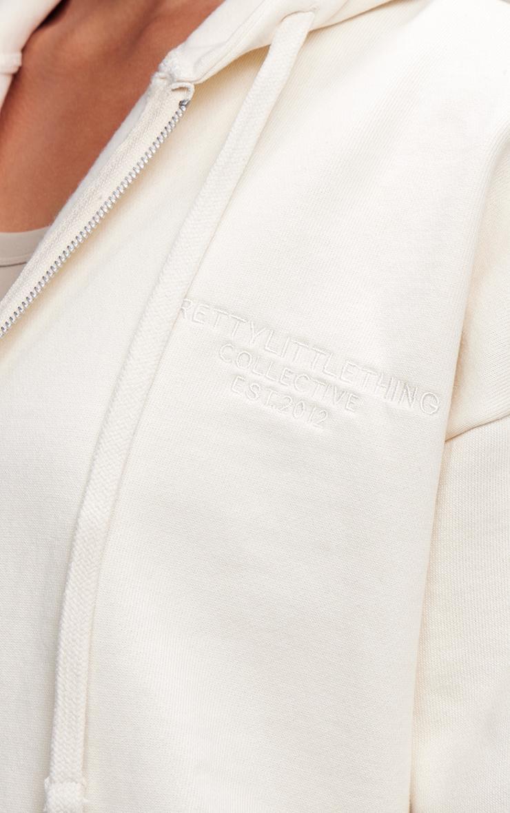 PRETTYLITTLETHING Cream Premium Embroidered Zip Front Oversized Hoodie Product Image