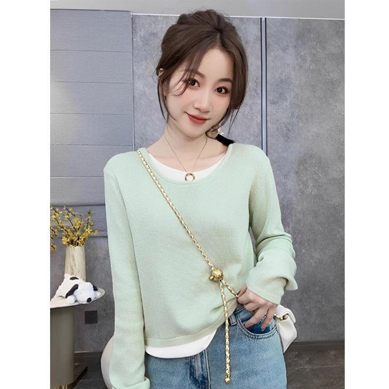 Mock Two-Piece Long-Sleeve Round Neck Two Tone T-Shirt Product Image