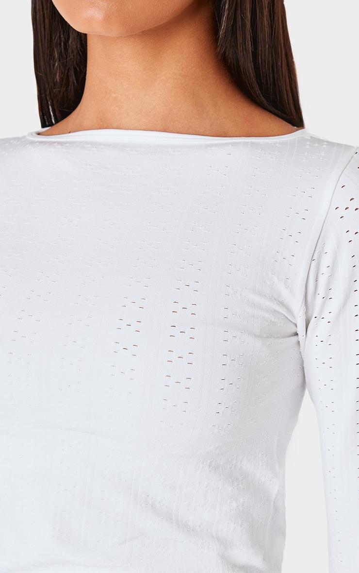 White Contour Pointelle Detail Boatneck Long Sleeve Top Product Image