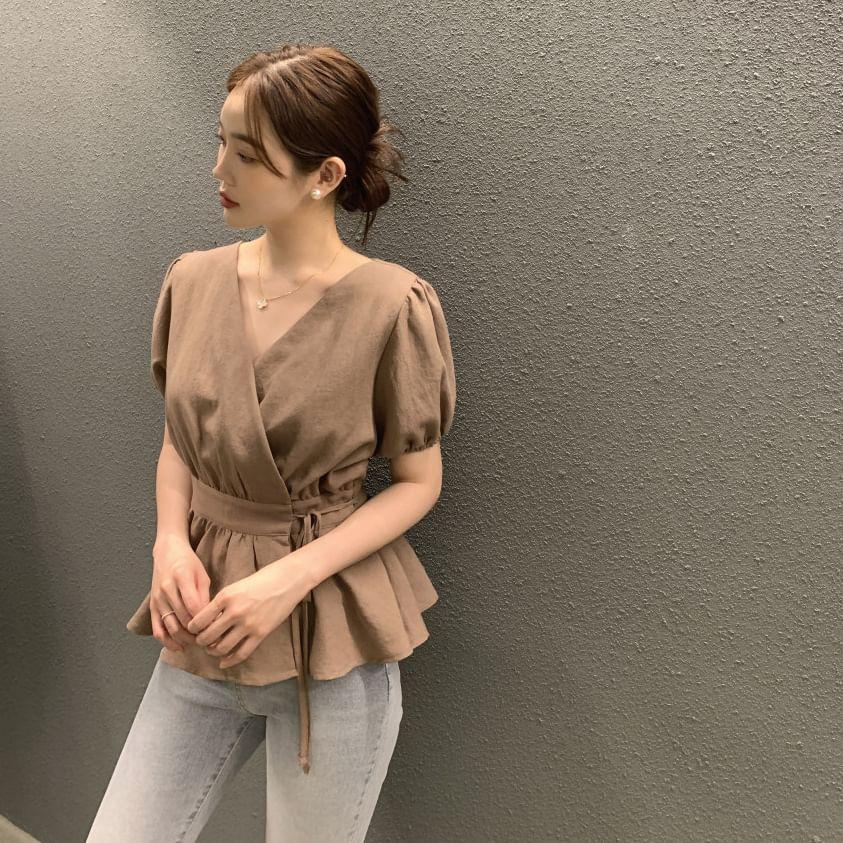 Puff Sleeve V-Neck Plain Peplum Wrap Blouse Product Image