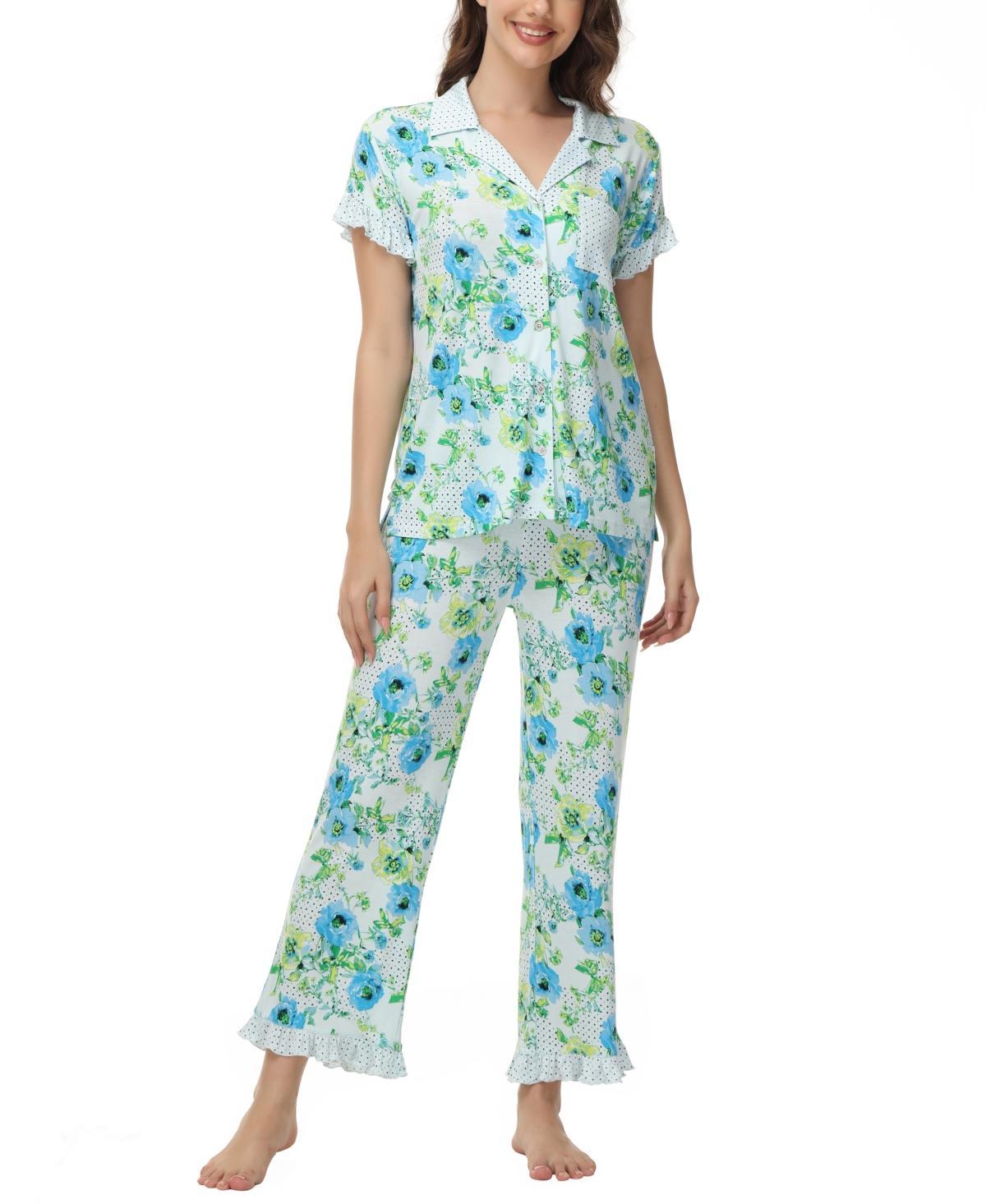 C. Wonder Womens Printed Notch Collar Short Sleeve with Ruffle and Pants 2 Pc. Pajama Set Product Image