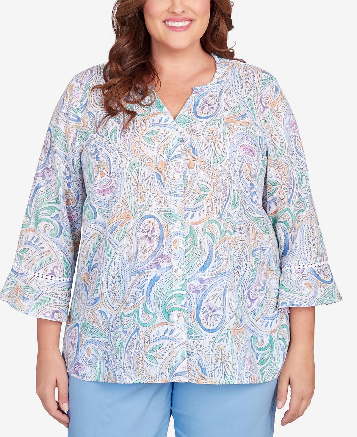 Plus Size Alfred Dunner Paisley Flutter Sleeve Button Front Top, Womens Blue Product Image