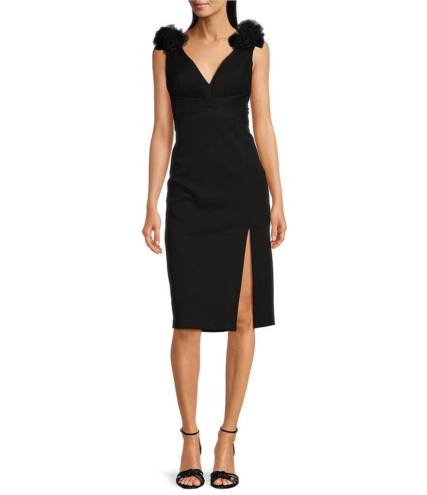 Aidan Mattox V-Neck Sleeveless Mesh Shoulder Detail Front Slit Sheath Dress Product Image