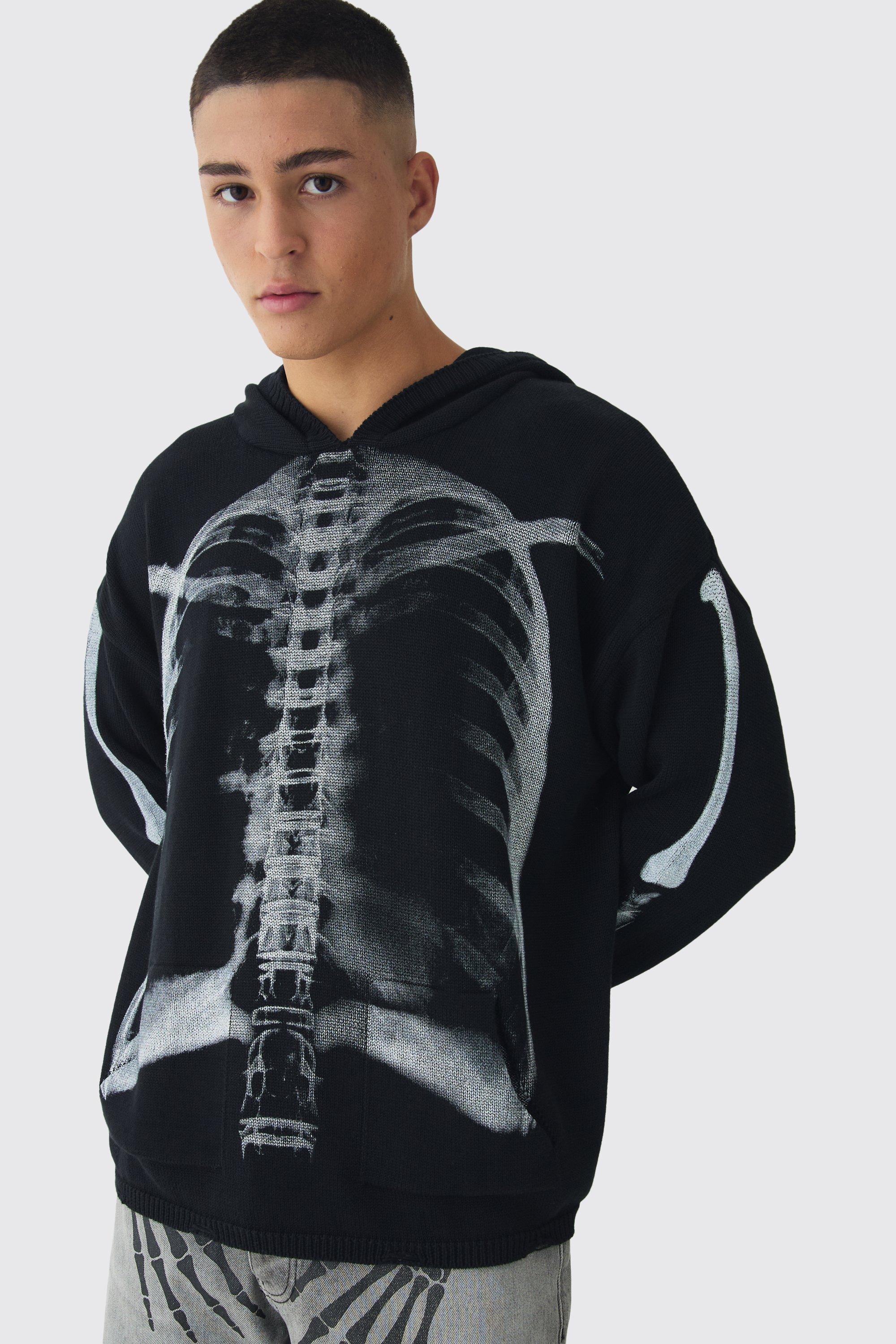 Oversized Skeleton Print Ribbed Hoodie | boohooMAN USA Product Image