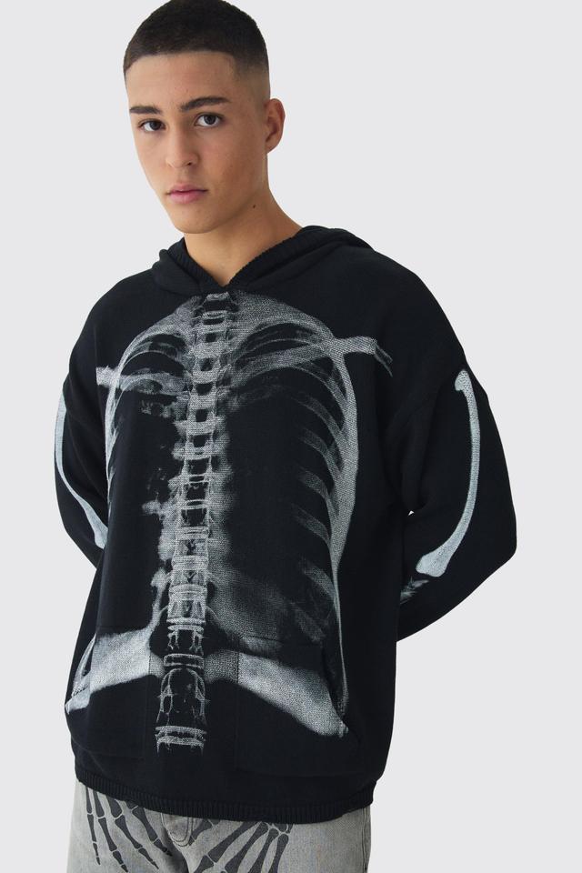 Oversized Skeleton Print Ribbed Hoodie | boohooMAN USA Product Image