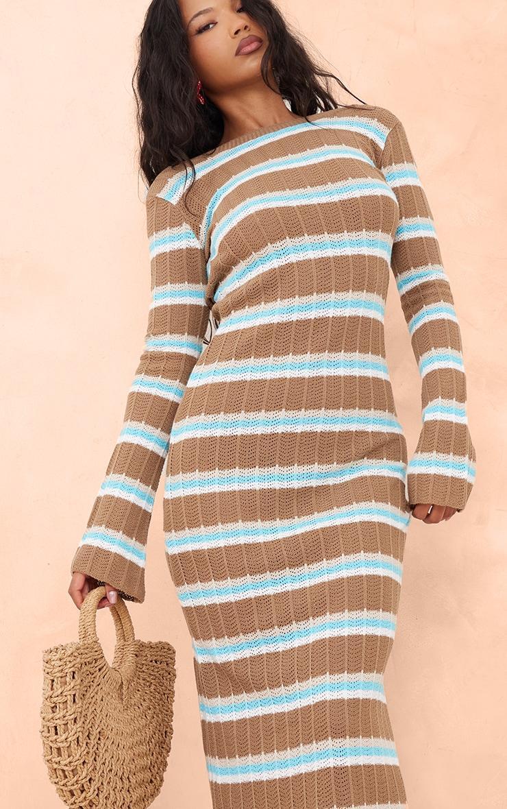 Mocha Wide Rib Knit Striped Long Sleeve Maxi Dress Product Image