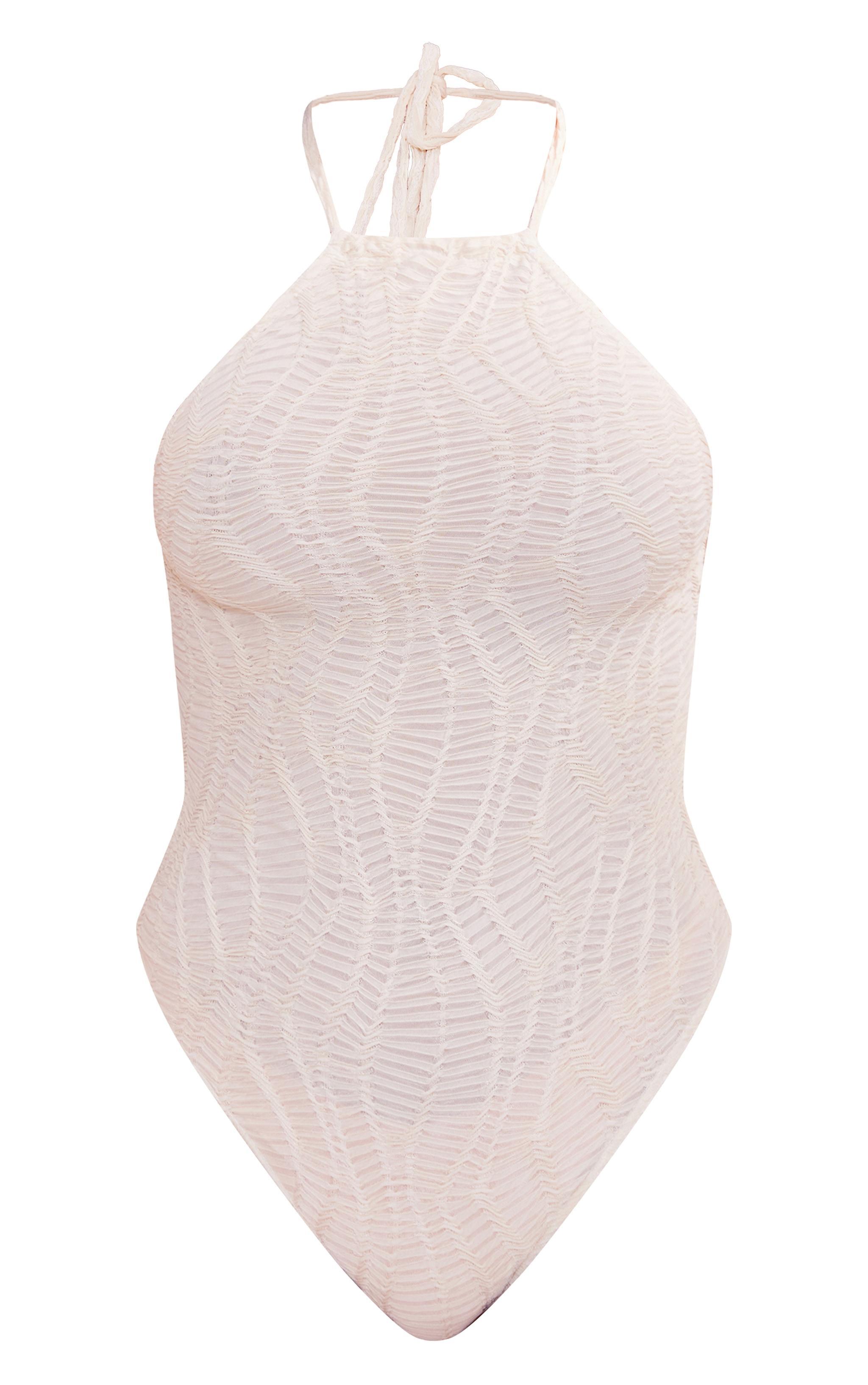 Cream Textured Mesh Halter Tie Bodysuit Product Image