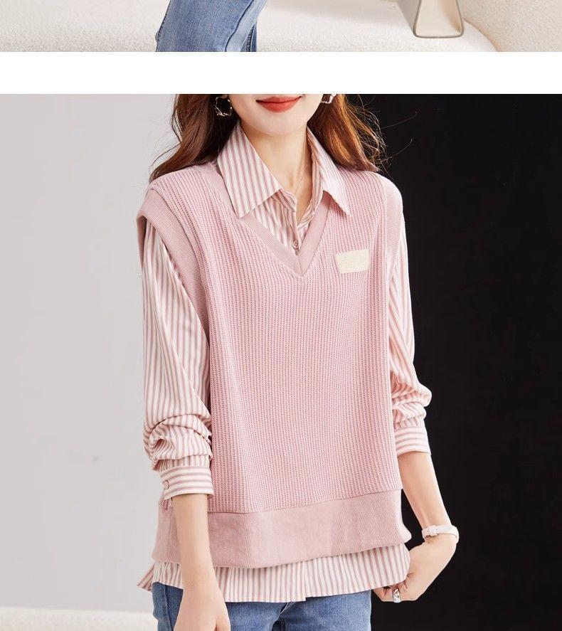 Mock Two-Piece Long-Sleeve Striped Panel Shirt Product Image