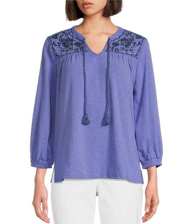 Westbound Knit V-Neck Long Sleeve Embroidered Top Product Image