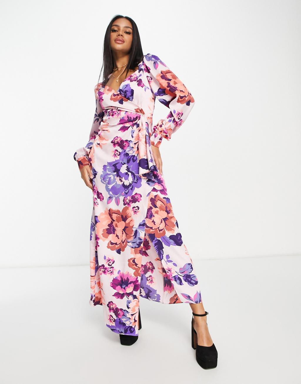 Liquorish satin maxi dress in overscale floral print Product Image