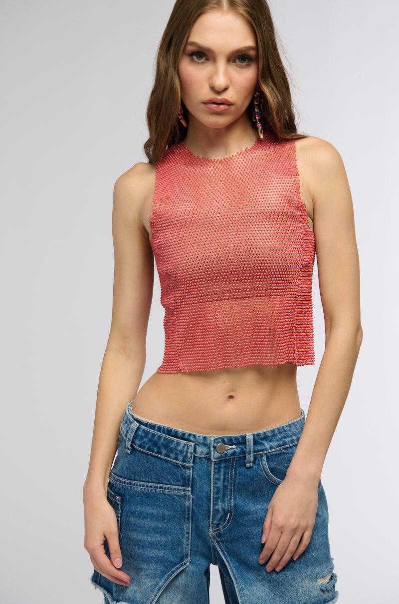 ZELDA RHINESTONE MESH SLEEVELESS TOP IN RED Product Image